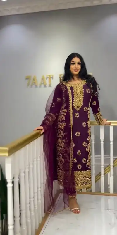 Sublime Purple Chinnon Silk Embroidery Sequence Salwar Suit