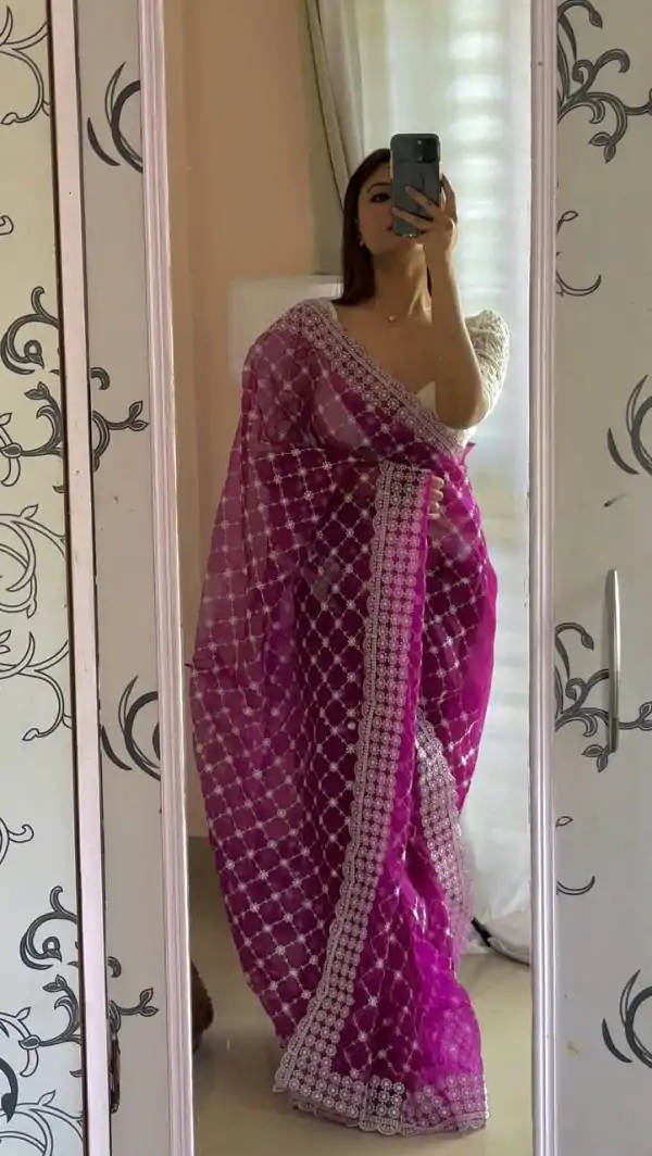 Sublime Purple Color Organza Embroidery Thread Saree