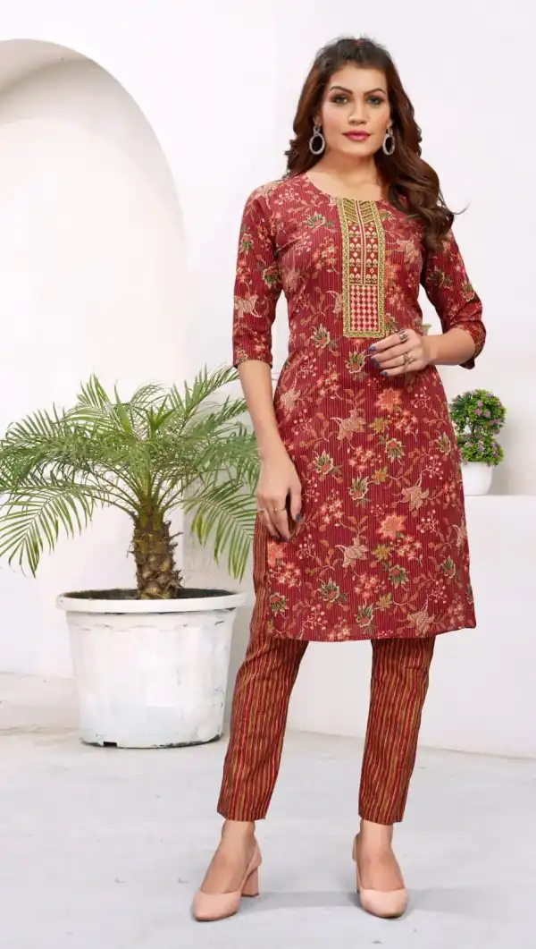 Sublime Red Color Cambric Cotton Print  Embroidery Work Kurti