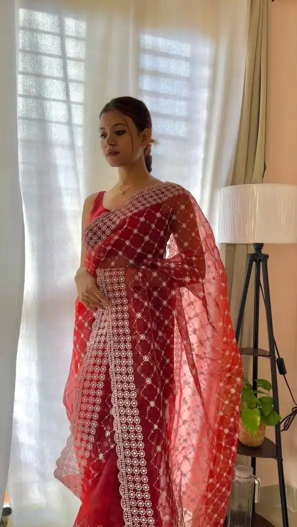 Sublime Red Color Organza Embroidery Thread Work Saree