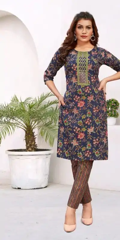 Sublime Royal Blue Cambric Cotton Print Embroidery Work Kurti