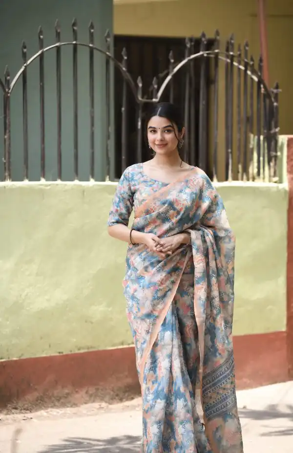 Sublime Sky Blue Color Linen Beautiful Digital Printed Work Saree