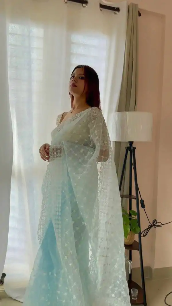 Sublime Sky Blue Color Organza Embroidery Thread Work Saree