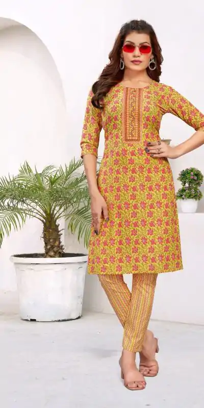 Sublime Yellow Color Cambric Cotton Print Embroidery Work Kurti
