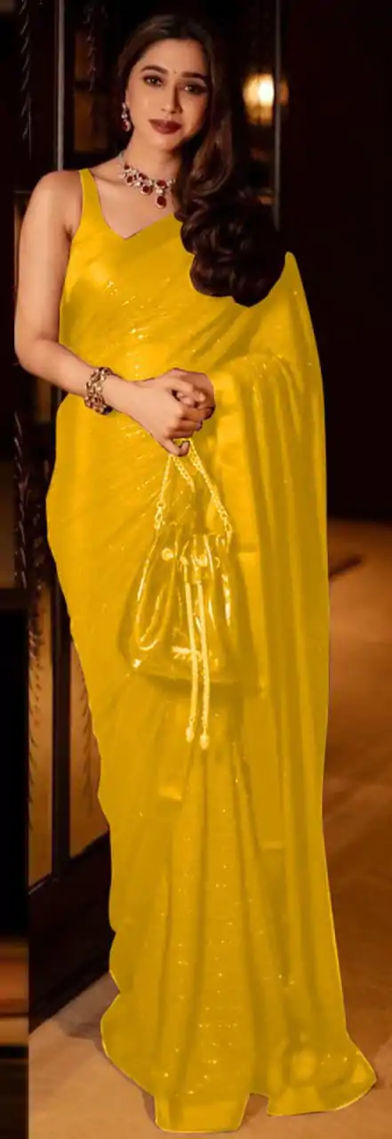 Sublime Yellow Color Georgette Thread Sequence Work Saree