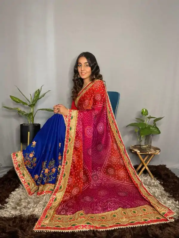 Superb Blue Color Chiffon Material Double Shaded Work Saree