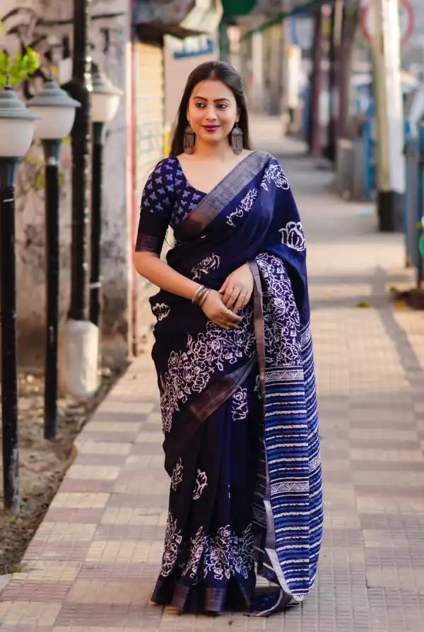 Superb Blue Color Plain Linen Digital Printed All Over Work Saree