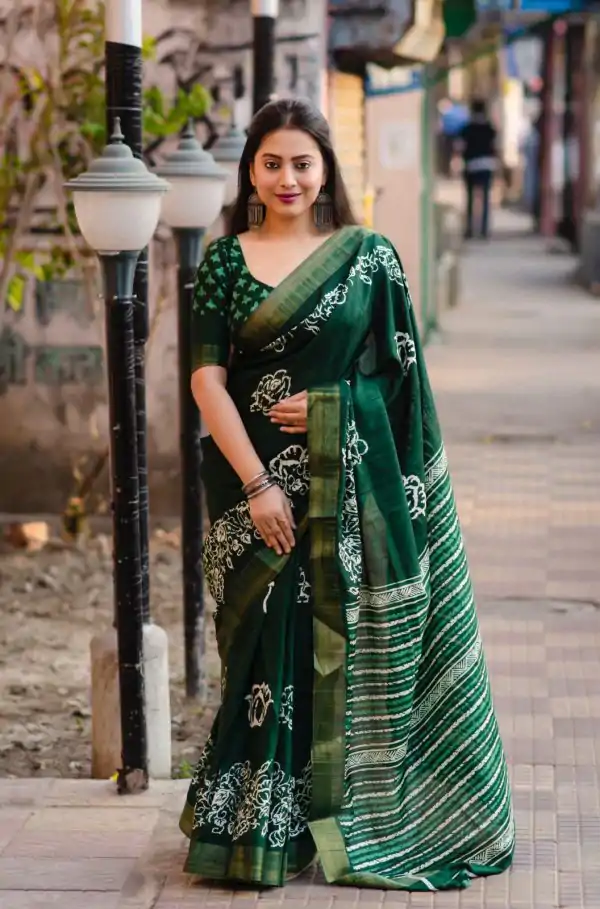 Superb Green Color Plain Linen Digital Printed All Over Work Saree