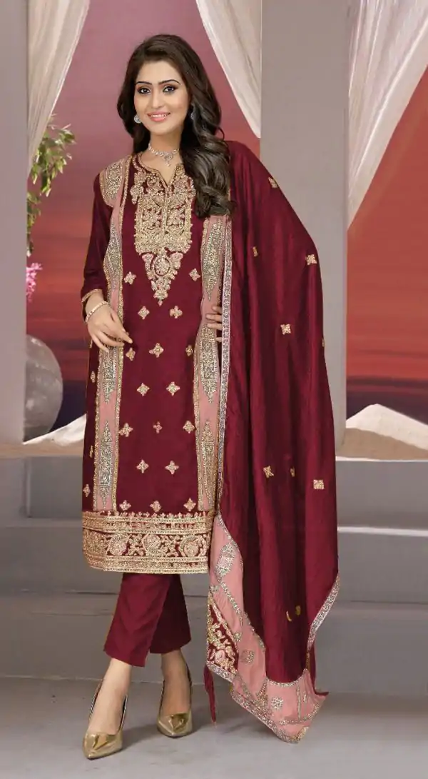 Superb Maroon Vichitra Embroidery Codding Sequence Salwar Suit