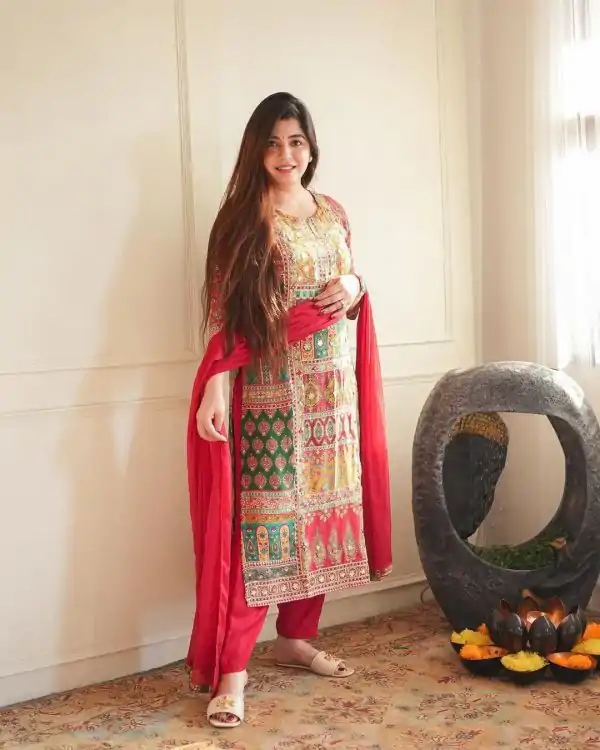 Superb Pink Color Maslin Printed Real Mirror Work Salwar Suit