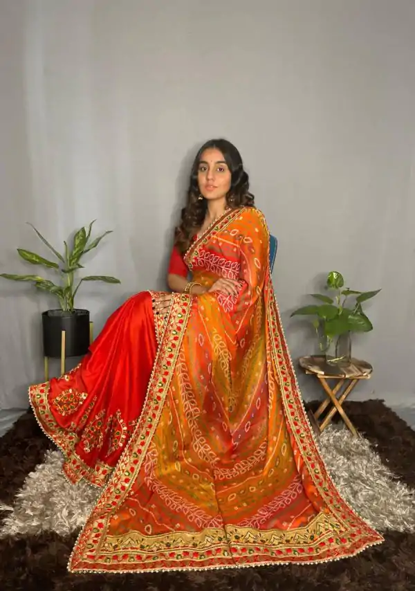 Superb Red Color Chiffon Material Double Shaded Work Saree
