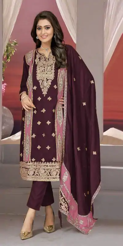 Superb Wine Vichitra Embroidery Codding Sequence Salwar Suit