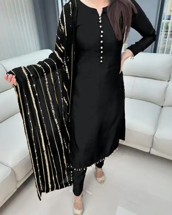 Aglow Black Chinnon Silk Embroidery Coding Dori Salwar Suit