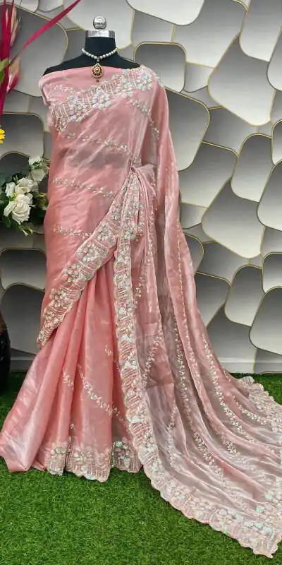 Aglow Peach Color Jimi Choo Silk Beautiful Embroidery Saree