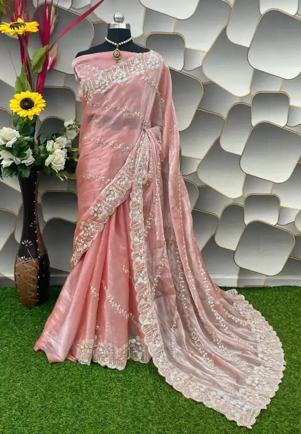 Aglow Peach Color Jimi Choo Silk Beautiful Embroidery Saree