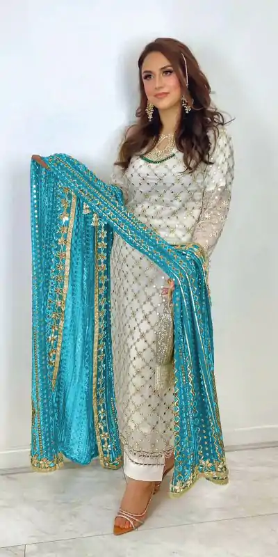 Aglow White & Blue Color Georgette Embroidery Salwar Suit