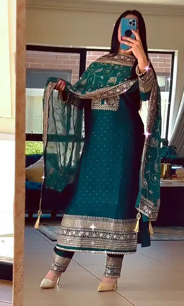 Artful Green Color Chinon Silk Embroidery Sequence Salwar Suit