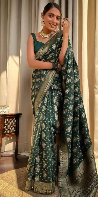 Beautiful Green Color Soft Lichi Silk Jacquard All Over Work Saree