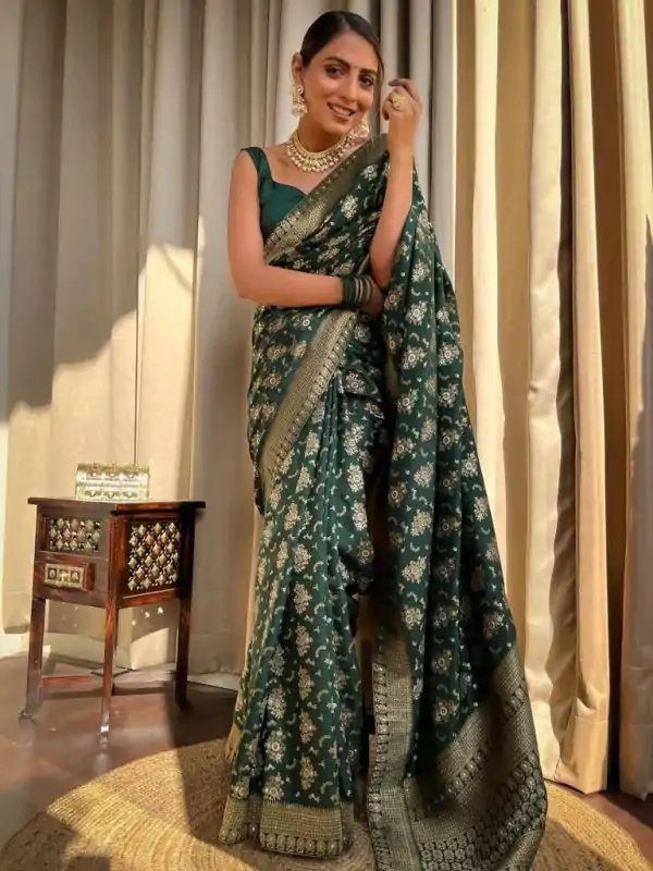 Beautiful Green Color Soft Lichi Silk Jacquard All Over Work Saree