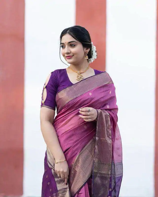Beautiful Purple Color Soft Lilan Slab Weaving Work Saree - Image 5