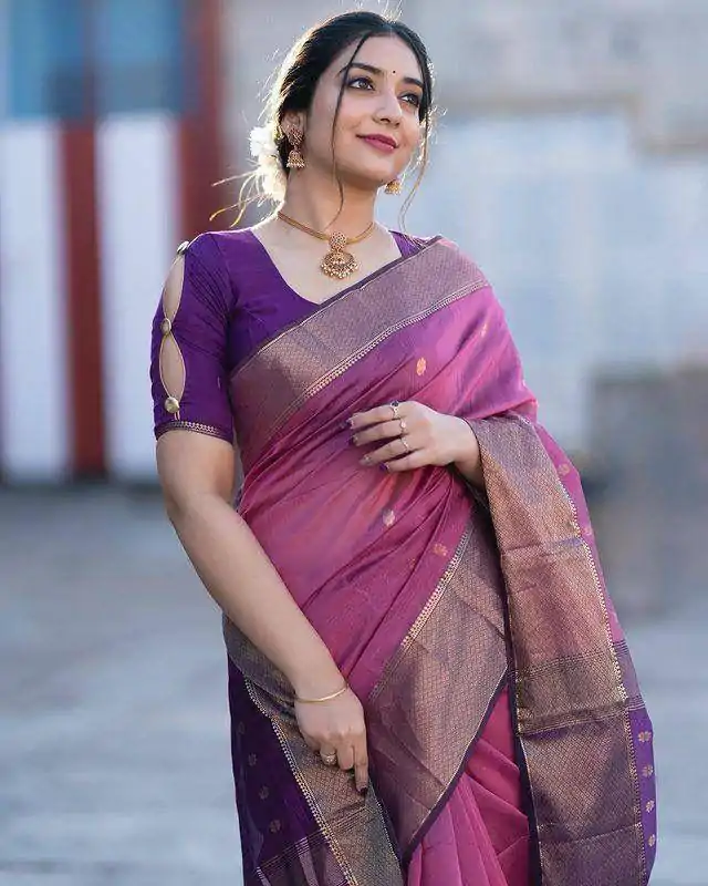 Beautiful Purple Color Soft Lilan Slab Weaving Work Saree - Image 4