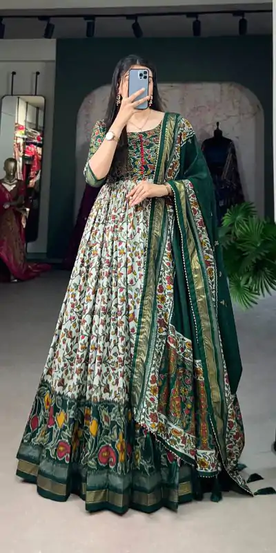 Classic Green Color Tussar Silk Floral Print With Foil Print Gown