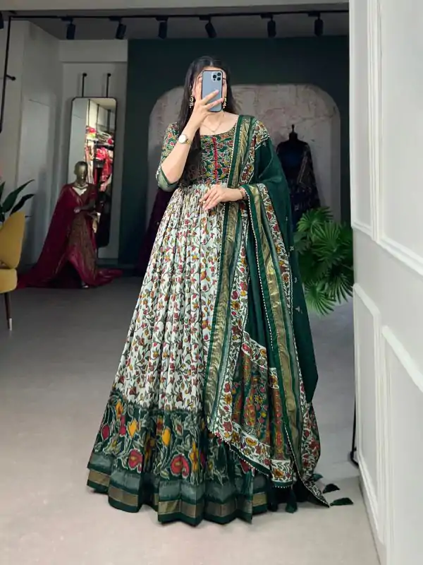 Classic Green Color Tussar Silk Floral Print With Foil Print Gown