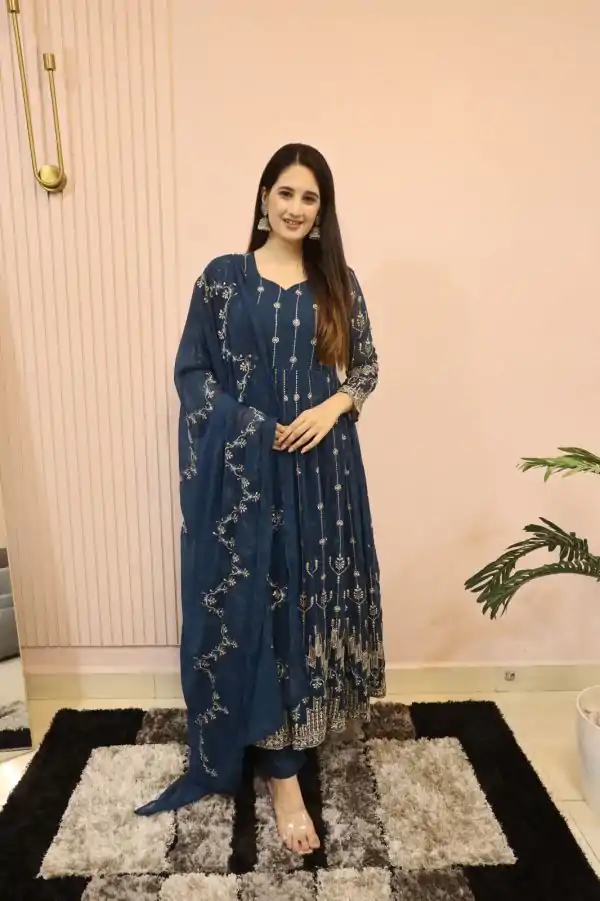 Classic Royal Blue Color Georgette Sequence Embroidery Gown