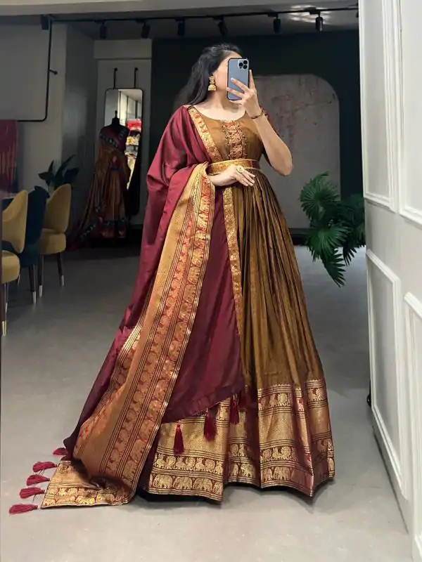 Dazzling Mustard Color Narayan Pet Zari Weaving Work Gown