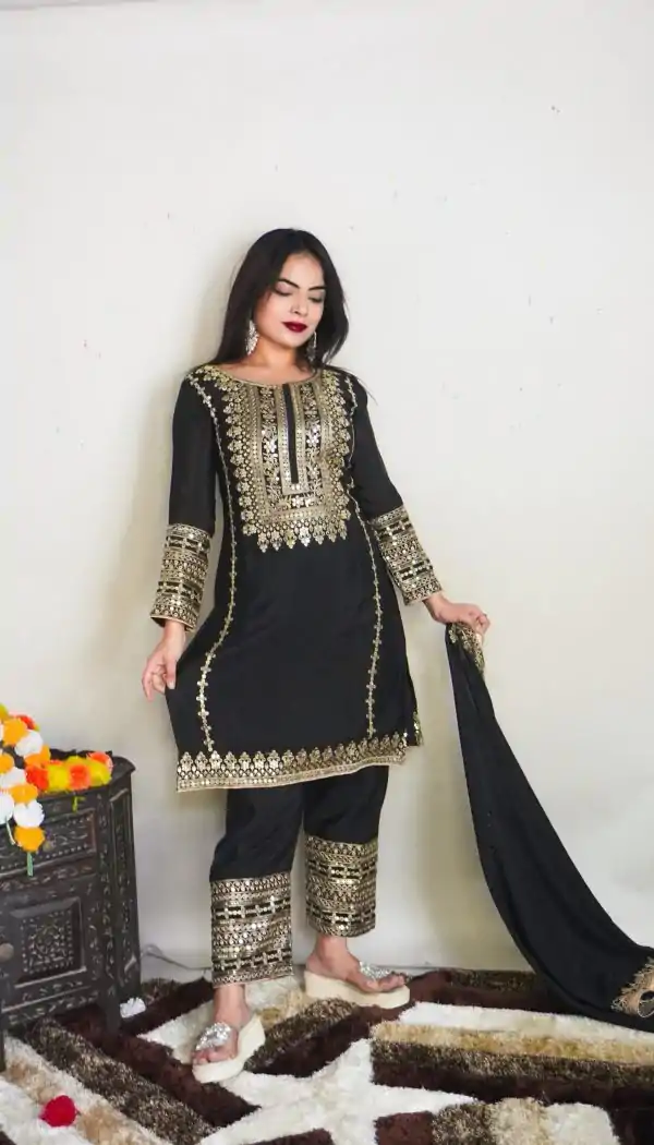 Elegant Black Color Pure Chinnon Silk Embroidery Salwar Suit