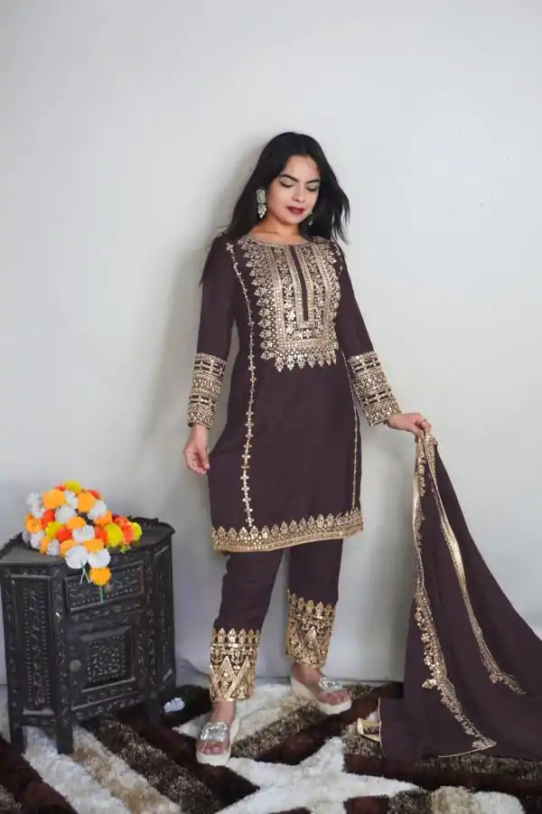 Elegant Coffee Color Pure Chinnon Silk Embroidery Salwar Suit