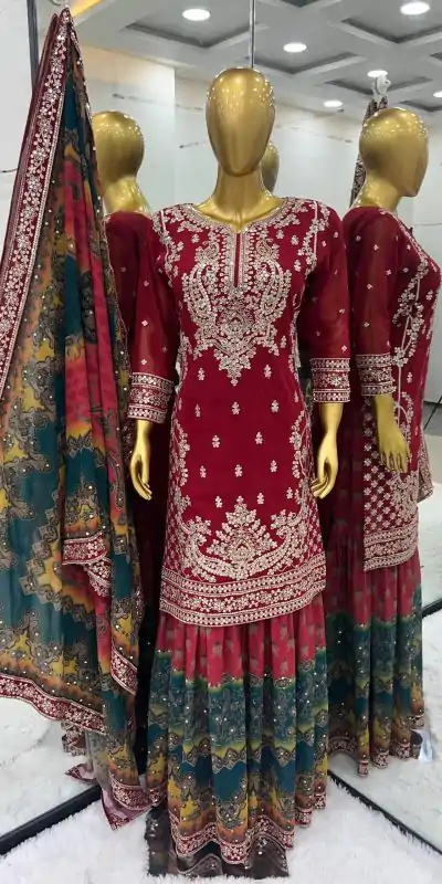 Elegant Red Color Georgette Embroidery Sequence Salwar Suit