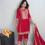 Elegant Red Color Pure Chinnon Silk Embroidery Salwar Suit