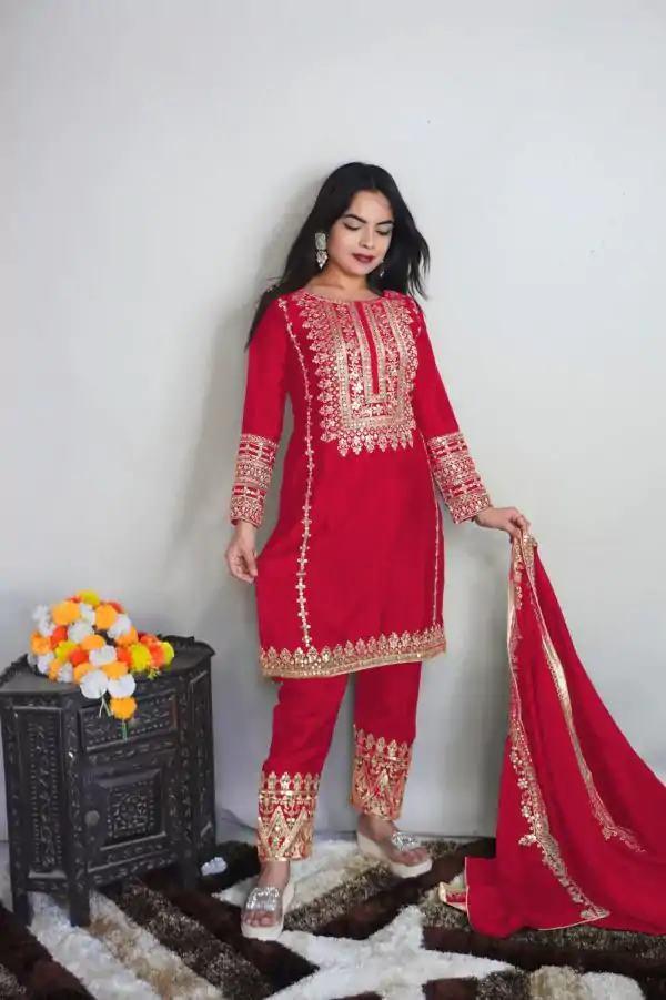 Elegant Red Color Pure Chinnon Silk Embroidery Salwar Suit