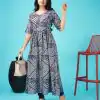 Glamorous Blue Color Rayon Foil Print With Dori Pattern Gown