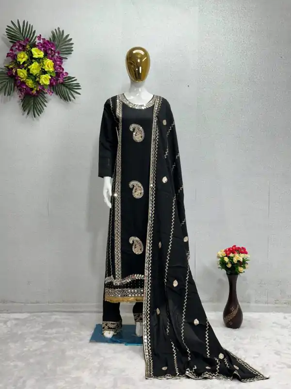 Gorgeous Black Color Roman Silk Embroidered Salwar Suit