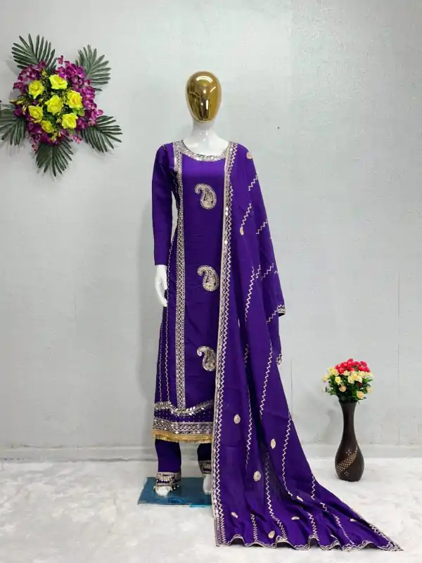 Gorgeous Violet Color Roman Silk Embroidered Salwar Suit