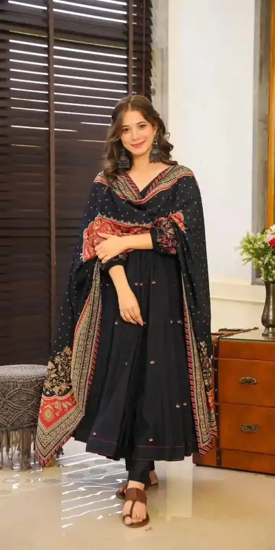 Grand Black Color Chinnon Silk Embroidery Work Salwar Suit