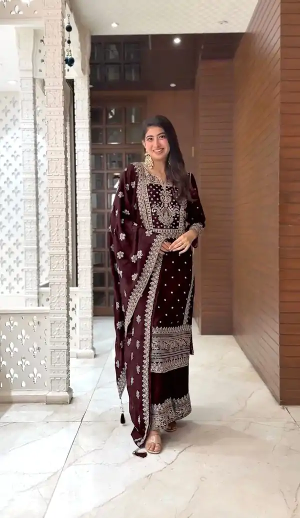 Grand Coffee Color Chinnon Embroidery Sequence Salwar Suit