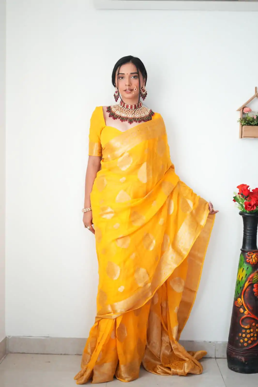 Grand Yellow Color Pure Soft Cotton Zari patta All Over Saree