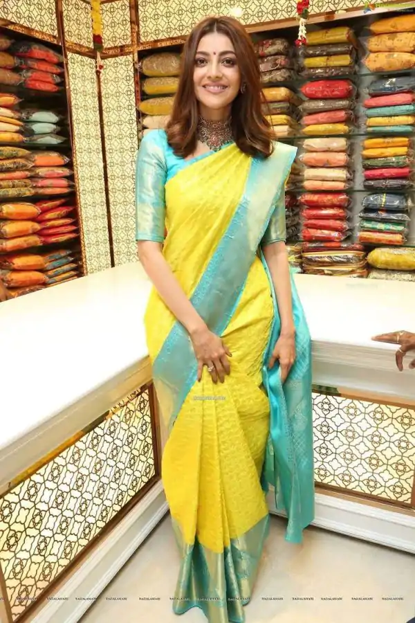 Kajal Aggarwal Yellow Color Soft Lichi Silk Jacquard All Over Saree