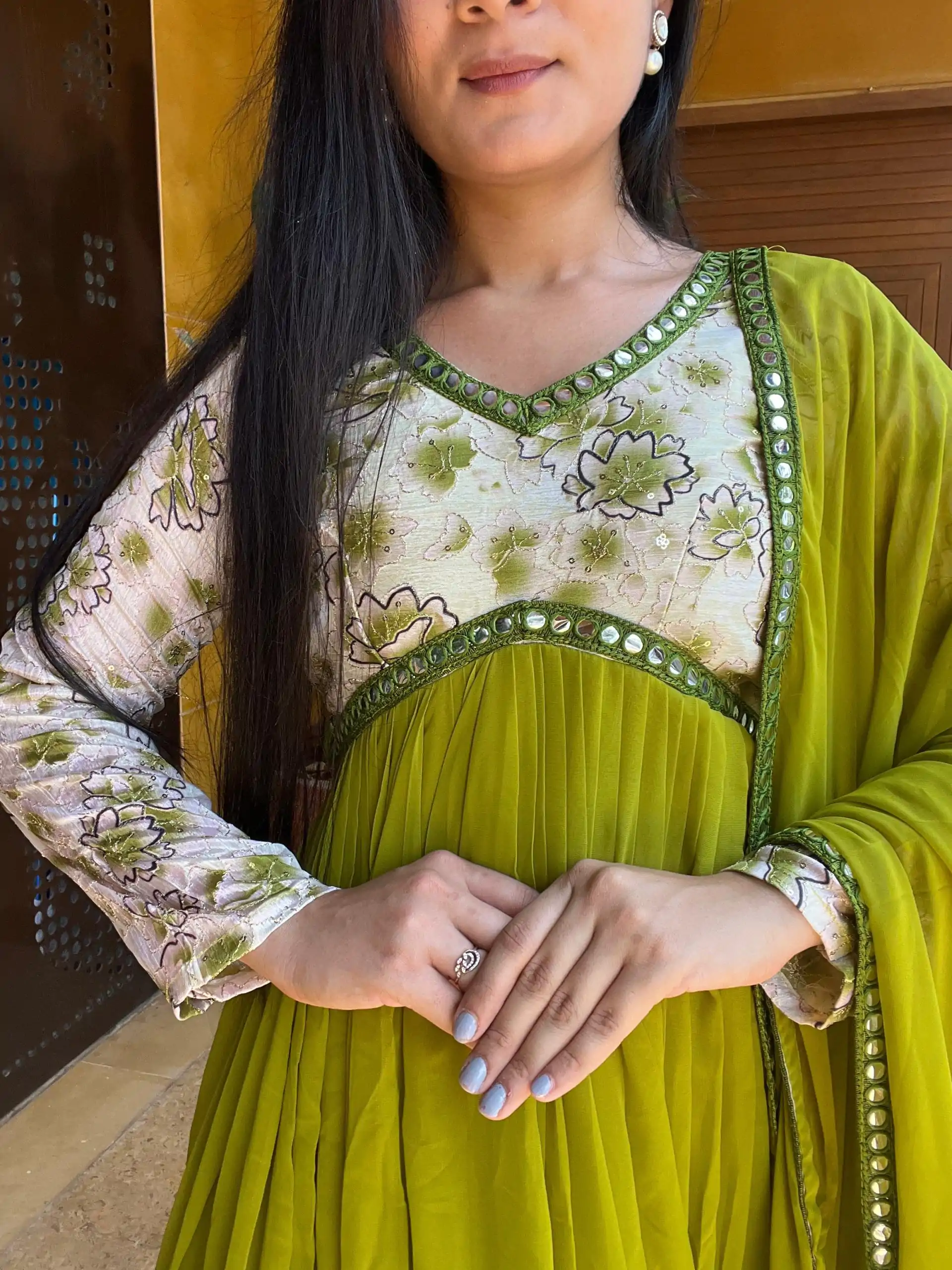 Luminous Green Color Fox Georgette Position Print Work Gown - Image 4