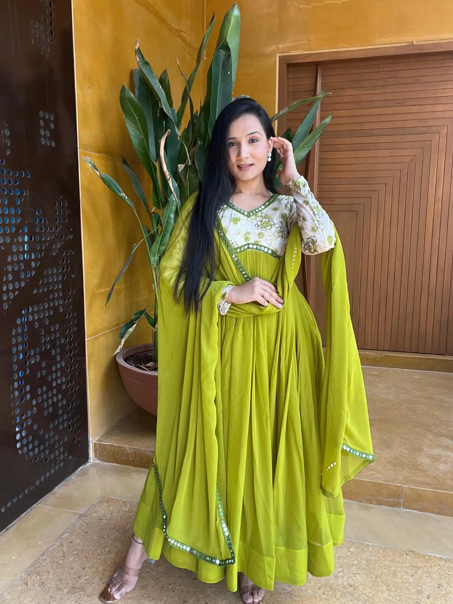 Luminous Green Color Fox Georgette Position Print Work Gown - Image 3