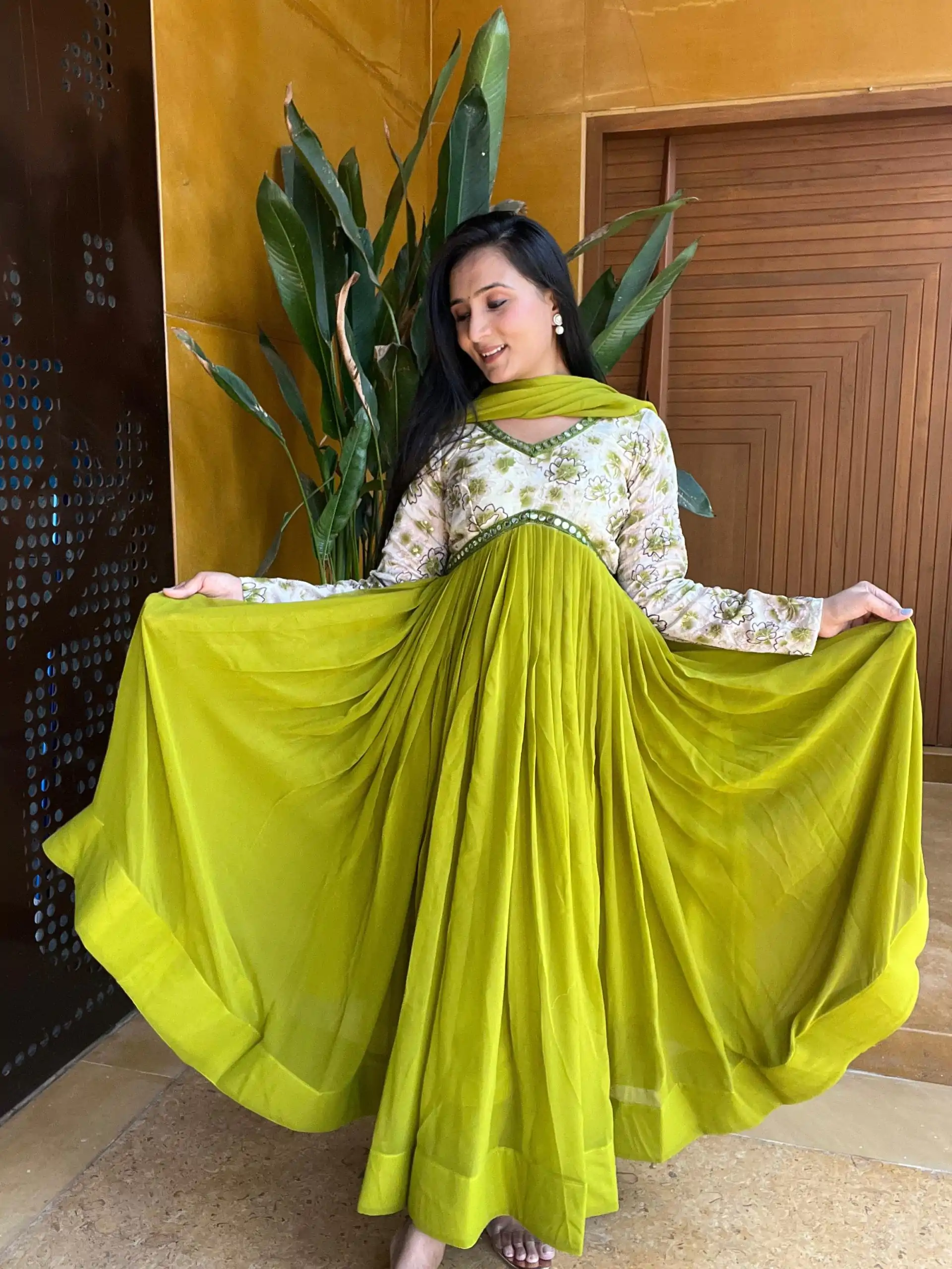 Luminous Green Color Fox Georgette Position Print Work Gown - Image 2
