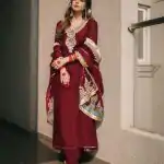 Majestic Red Color Chinnon Silk Embroidery Work Salwar Suit