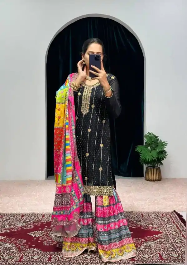 Mesmerizing Black Color Chinon Embroidery Work Salwar Suit