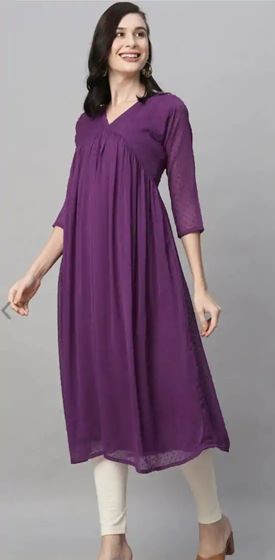 Nice Purple Color Chiffon V-Neck Gathered Midi Kurti