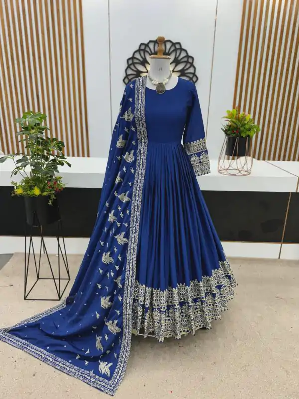 Nice Royal Blue Color Chinon Silk Embroidery Sequence Gown