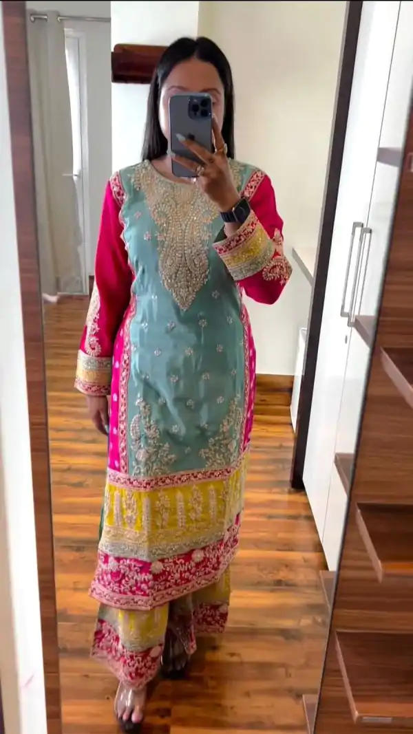 Peaceful Blue Color Chinon Silk Sequence Work Salwar Suit
