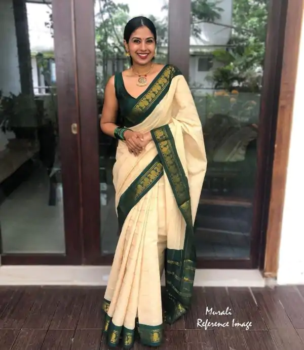 Peaceful Cream Color Soft Lichi Silk Jacquard All Over Saree